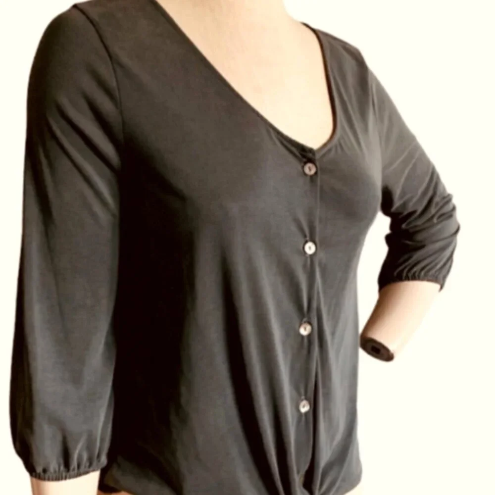 Green Envelope V-Neck Button Up Tie Waist Top Sz S Olive/Khaki #222C - Picture 3 of 5